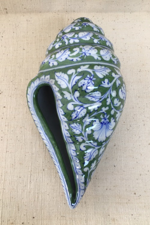 Ram Gopal Blue Pottery Handcrafted 'Spritual Shank ' Green, White