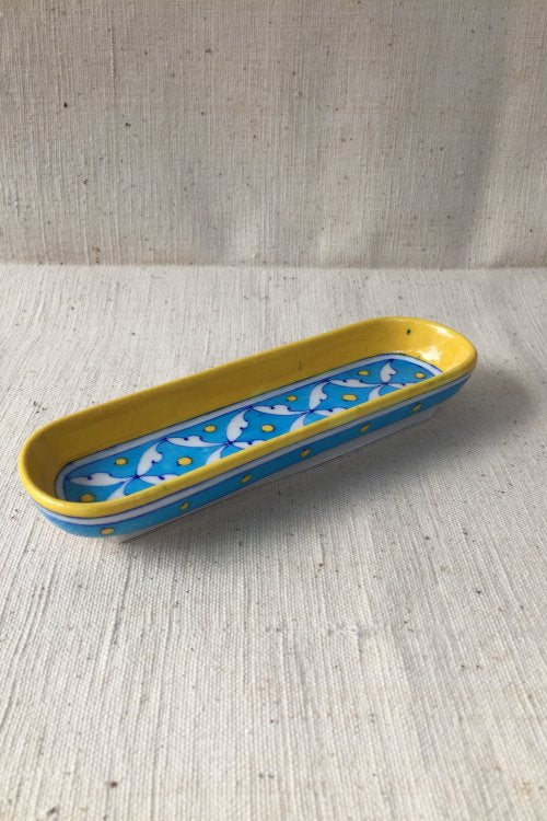 Ram Gopal Blue Pottery Handcrafted 'Serving Tray ' Blue Yellow