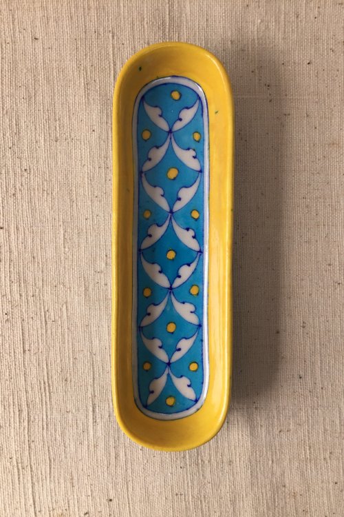 Ram Gopal Blue Pottery Handcrafted 'Serving Tray ' Blue Yellow