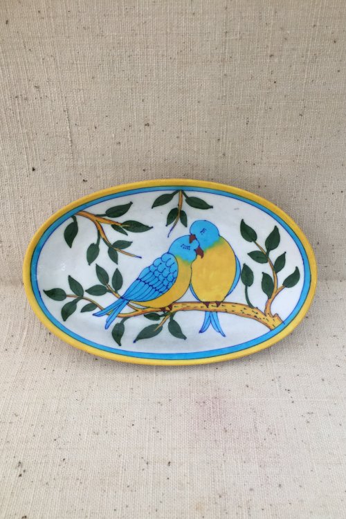 Ram Gopal Blue Pottery Handcrafted 'Oval Bird Plate ' With Stand Yellow Blue