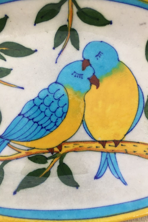 Ram Gopal Blue Pottery Handcrafted 'Oval Bird Plate ' With Stand Yellow Blue