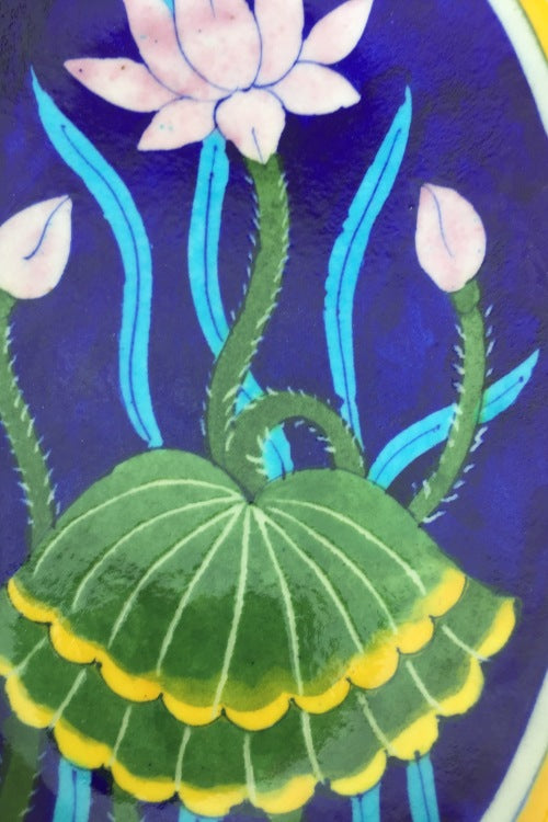 Ram Gopal Blue Pottery Handcrafted 'Oval Lotus Plate ' With Stand Blue Pink