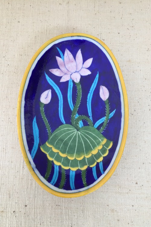 Ram Gopal Blue Pottery Handcrafted 'Oval Lotus Plate ' With Stand Blue Pink