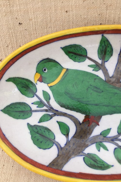 Ram Gopal Blue Pottery Handcrafted 'Oval Parrot Plate ' With Stand Green White