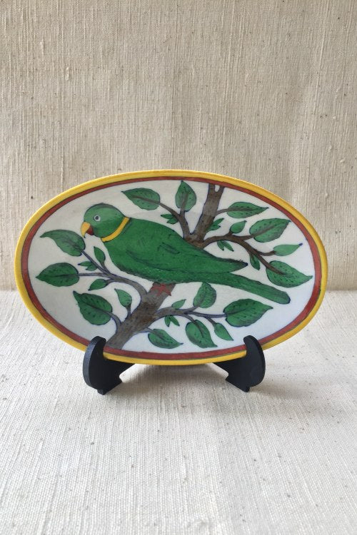 Ram Gopal Blue Pottery Handcrafted 'Oval Parrot Plate ' With Stand Green White