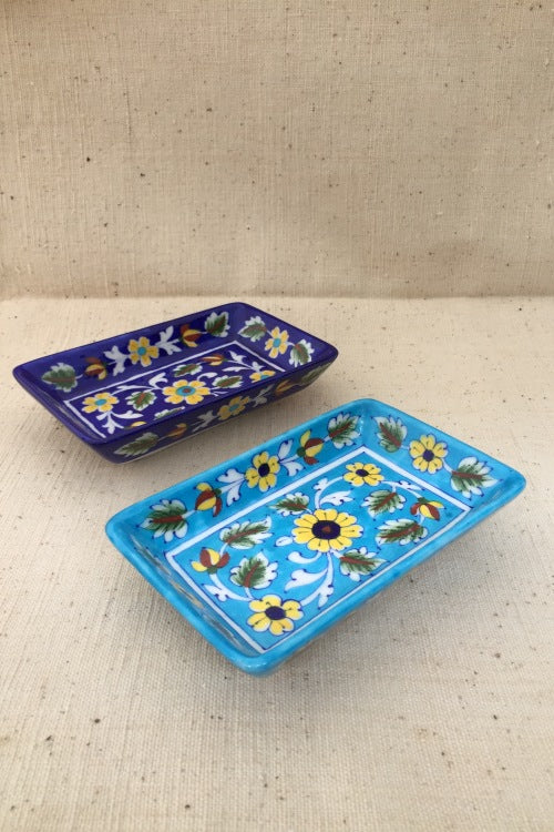 Ram Gopal Blue Pottery Handcrafted 'Playful Snack Rectangle Tray ' Blue Green
