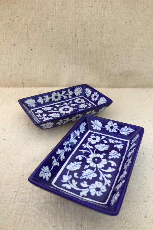 Ram Gopal Blue Pottery Handcrafted 'Chunky Snack Rectangle Tray ' Blue White