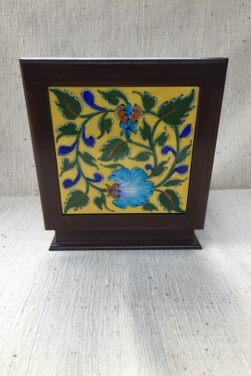 Ram Gopal Blue Pottery Handcrafted 'Jewellery Box ' Yellow Green