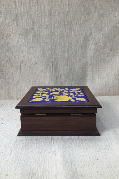 Ram Gopal Blue Pottery Handcrafted 'Golden Jewellery Box ' Yellow Blue