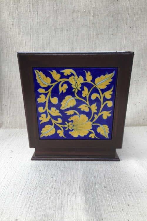 Ram Gopal Blue Pottery Handcrafted 'Golden Jewellery Box ' Yellow Blue