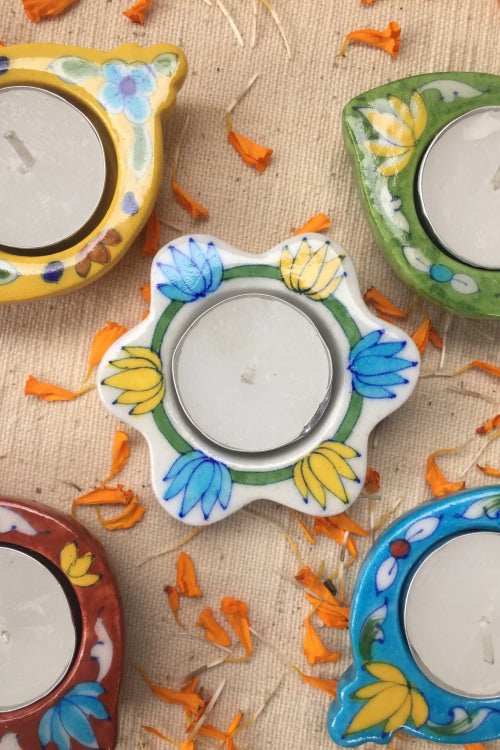 Ram Gopal Blue Pottery Handcrafted 'Kairi Diya T-Candles ' Blue Red Yellow Green White