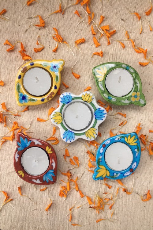 Ram Gopal Blue Pottery Handcrafted 'Kairi Diya T-Candles ' Blue Red Yellow Green White
