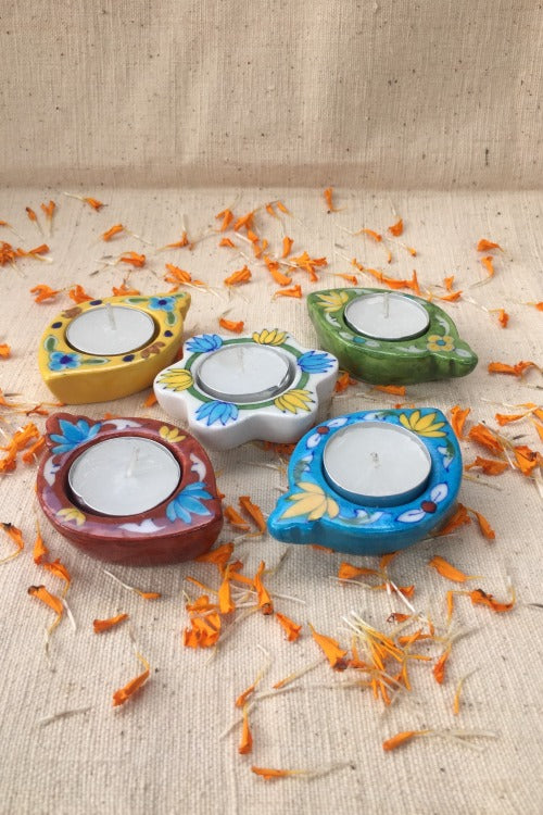 Ram Gopal Blue Pottery Handcrafted 'Kairi Diya T-Candles ' Blue Red Yellow Green White