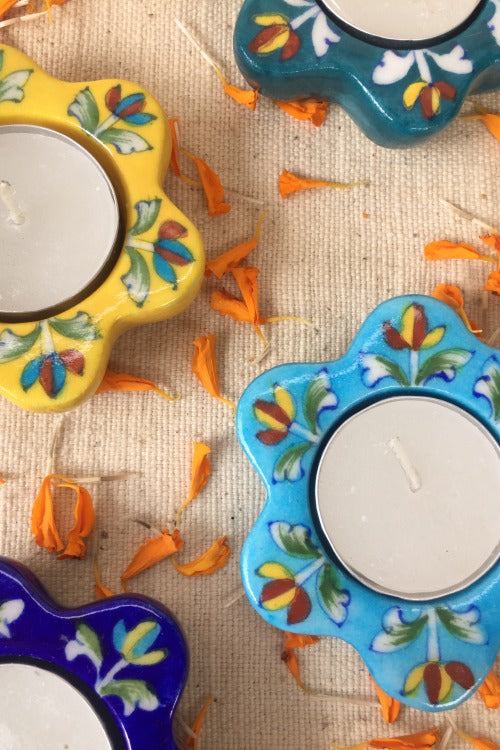Ram Gopal Blue Pottery Handcrafted 'Sunflower Diya T-Candles ' Blue Green Yellow