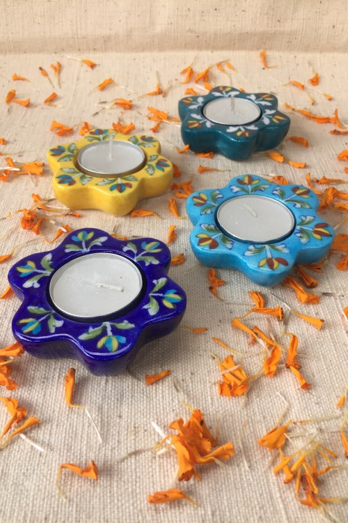 Ram Gopal Blue Pottery Handcrafted 'Sunflower Diya T-Candles ' Blue Green Yellow