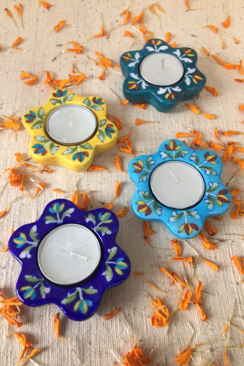 Ram Gopal Blue Pottery Handcrafted 'Sunflower Diya T-Candles ' Blue Green Yellow