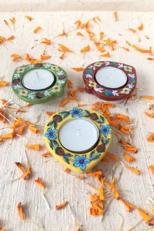 Ram Gopal Blue Pottery Handcrafted 'Paan Diya T-Candles ' Blue Green Yellow