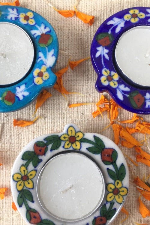 Ram Gopal Blue Pottery Handcrafted 'Paan Diya T-Candles ' Blue White