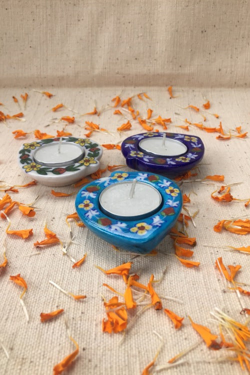 Ram Gopal Blue Pottery Handcrafted 'Paan Diya T-Candles ' Blue White