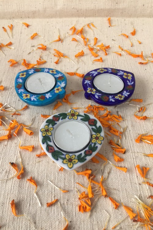 Ram Gopal Blue Pottery Handcrafted 'Paan Diya T-Candles ' Blue White