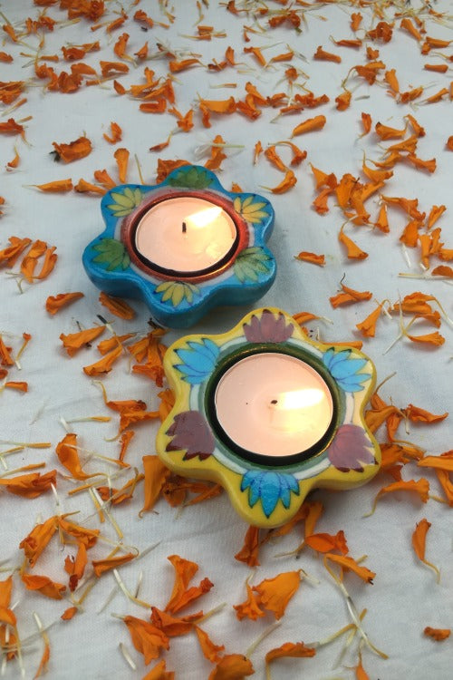 Ram Gopal Blue Pottery Handcrafted 'Poppy Diya T-Candles ' Blue Green Yellow