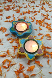 Ram Gopal Blue Pottery Handcrafted 'Poppy Diya T-Candles ' Blue Green Yellow