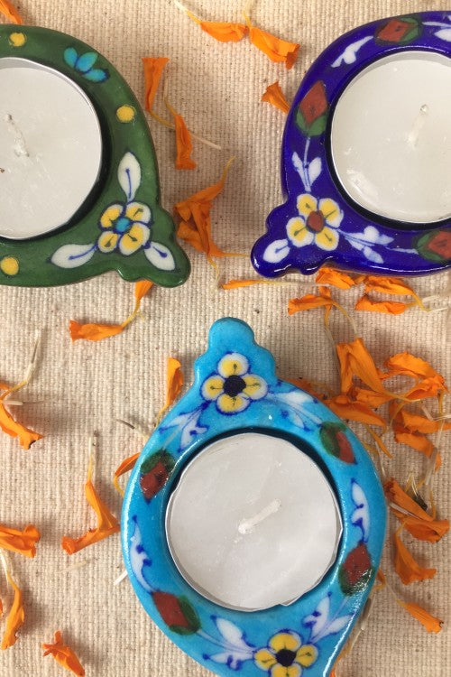 Ram Gopal Blue Pottery Handcrafted 'Blue Bell Diya T-Candles ' Blue Green Yellow