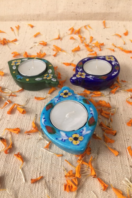 Ram Gopal Blue Pottery Handcrafted 'Blue Bell Diya T-Candles ' Blue Green Yellow