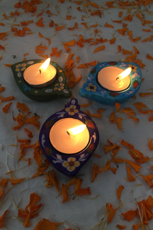 Ram Gopal Blue Pottery Handcrafted 'Blue Bell Diya T-Candles ' Blue Green Yellow