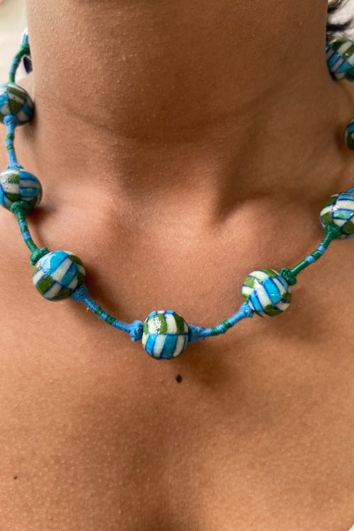 Blue Pottery Handcrafted Adjustable Light Blue, Green Necklace