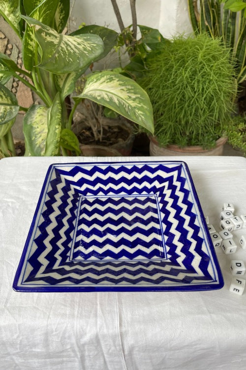 Blue Pottery Handcrafted Geometric Zic-Zac Blue Square Tray