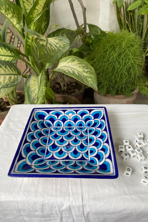Blue Pottery Handcrafted Geometric Leaf Blue Square Tray
