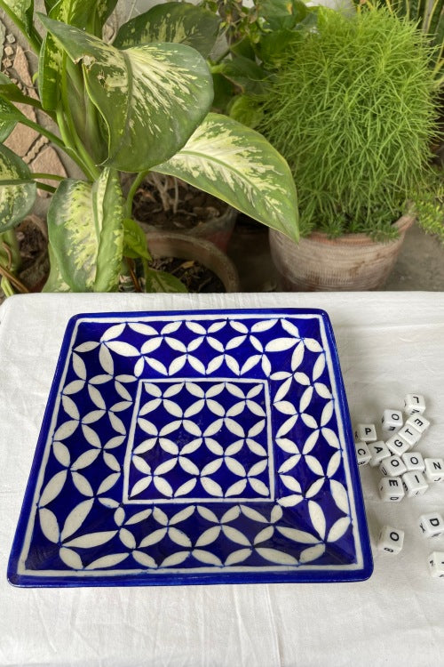 Blue Pottery Handcrafted Geometric Arch Blue Square Tray