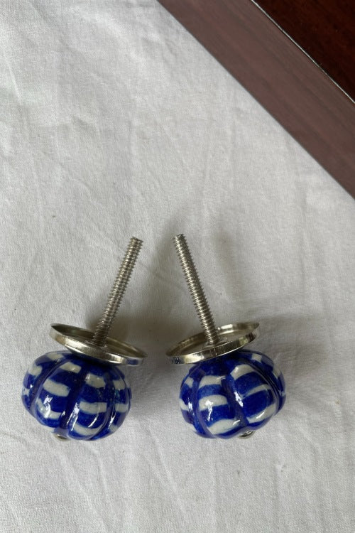 Blue Pottery Handcrafted Lotus Blue Door Knobs (Set Of 2)