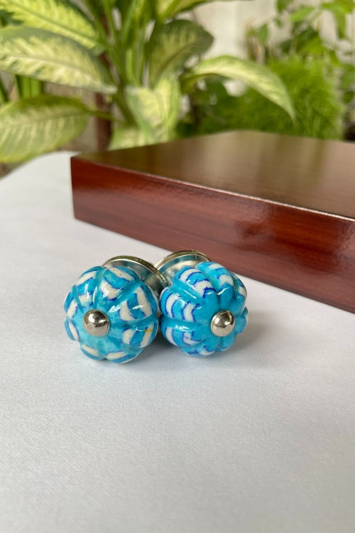 Blue Pottery Handcrafted Lotus Light Blue Door Knobs (Set Of 2)