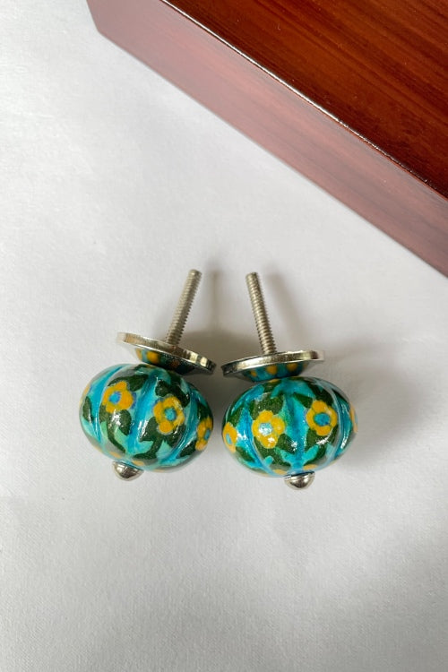 Blue Pottery Handcrafted Lotus Light Blue , Green Door Knobs (Set Of 2)