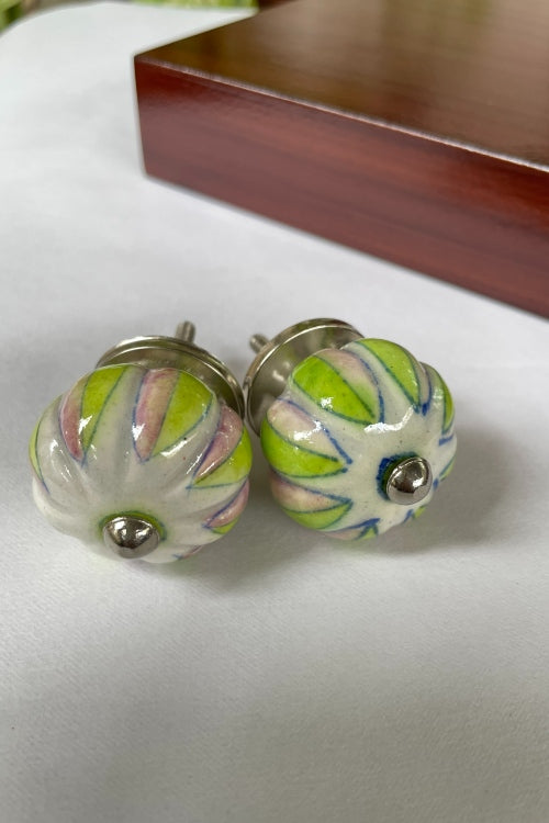 Blue Pottery Handcrafted Lotus Pink, Green Door Knobs (Set Of 2)