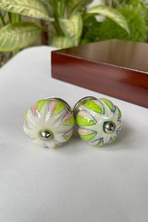 Blue Pottery Handcrafted Lotus Pink, Green Door Knobs (Set Of 2)