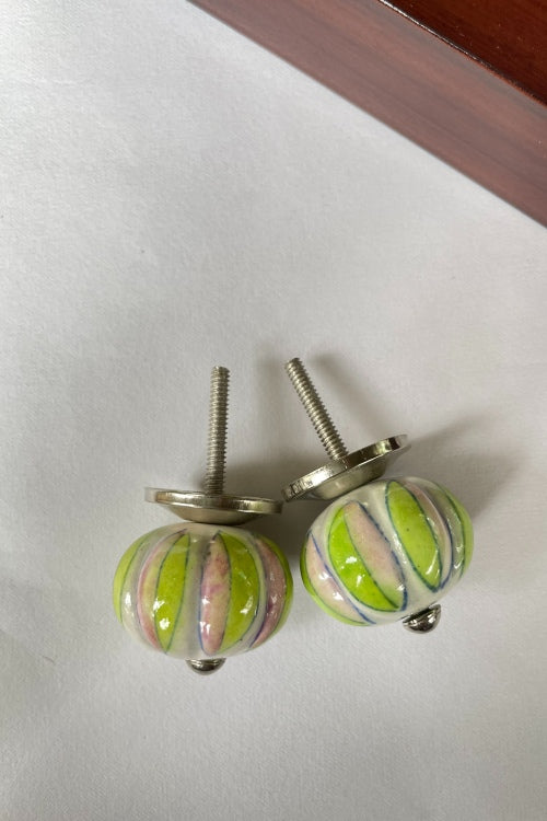 Blue Pottery Handcrafted Lotus Pink, Green Door Knobs (Set Of 2)