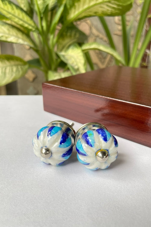 Blue Pottery Handcrafted Lotus Light Blue , Blue Door Knobs (Set Of 2)