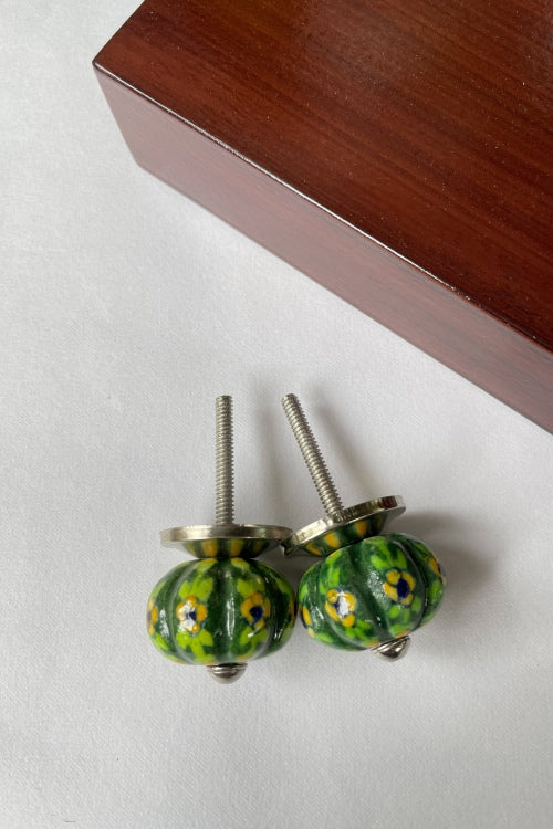 Blue Pottery Handcrafted Lotus Green Flower Door Knobs (Set Of 2)