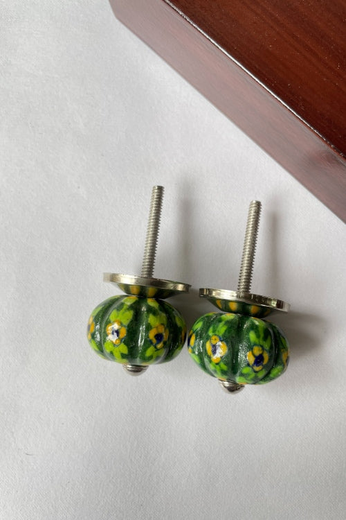 Blue Pottery Handcrafted Lotus Green Flower Door Knobs (Set Of 2)