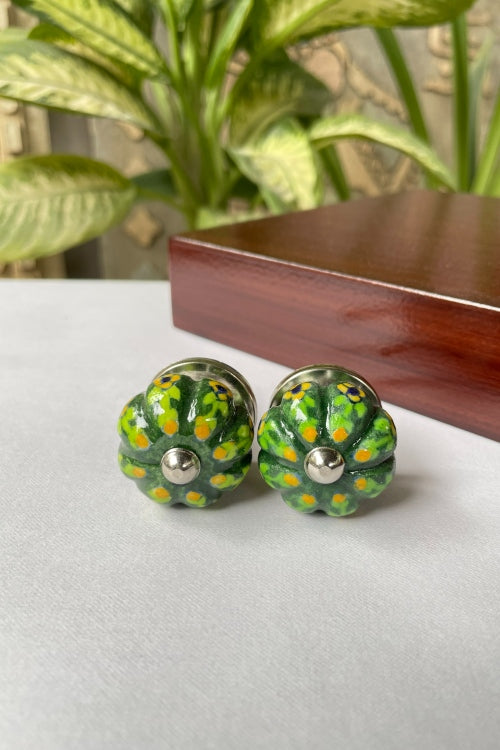 Blue Pottery Handcrafted Lotus Green Flower Door Knobs (Set Of 2)