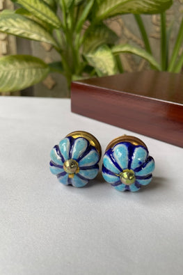 Blue Pottery Handcrafted Lotus Blue Flower Door Knobs (Set Of 2)