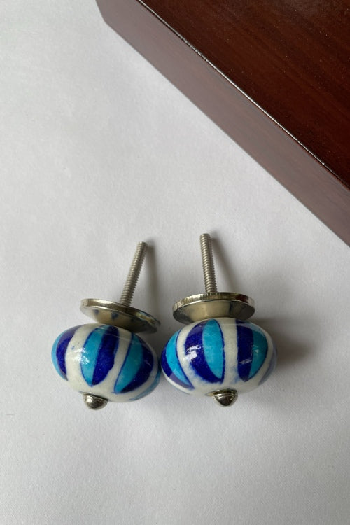 Blue Pottery Handcrafted Round Blue And White Flower Door Knobs (Set Of 2)