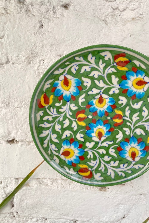 Blue Pottery Handcrafted Wall Hanging Plate Green
