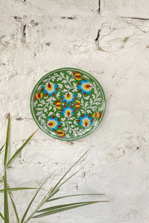 Blue Pottery Handcrafted Wall Hanging Plate Green