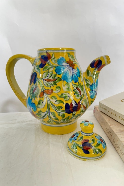 Blue Pottery Handcrafted Yellow Flower Kettle