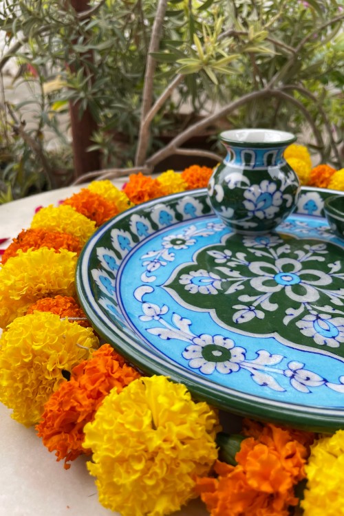 Blue Pottery Handcrafted Pooja Thali Green And Blue