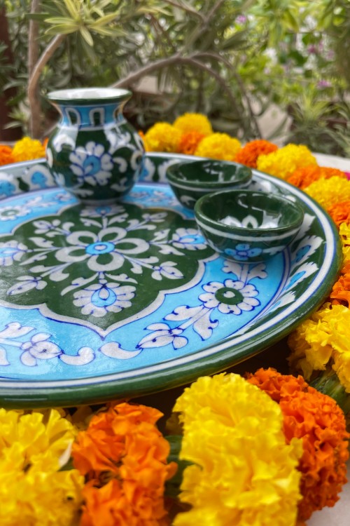 Blue Pottery Handcrafted Pooja Thali Green And Blue